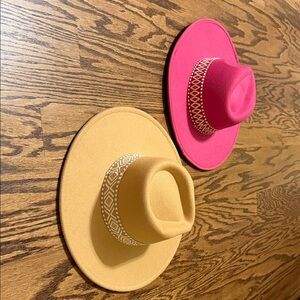 Boho Wide Brim Rancher Hat | Felt Wool Fedora | Pink & Tan Set